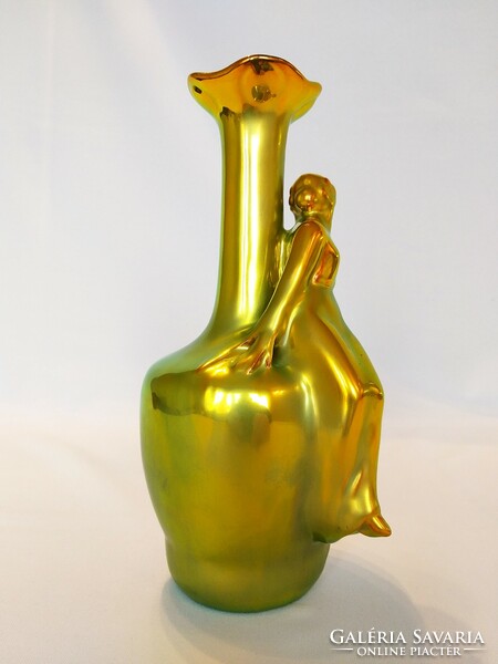 Zsolnay golden eosine, girl sitting on a vase