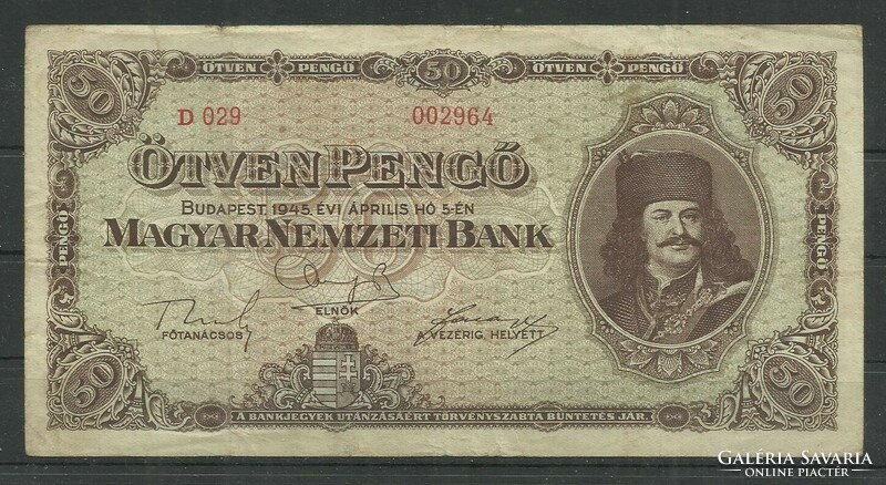 1945.- 50 Pengő - used - Ferenc Rákoczi