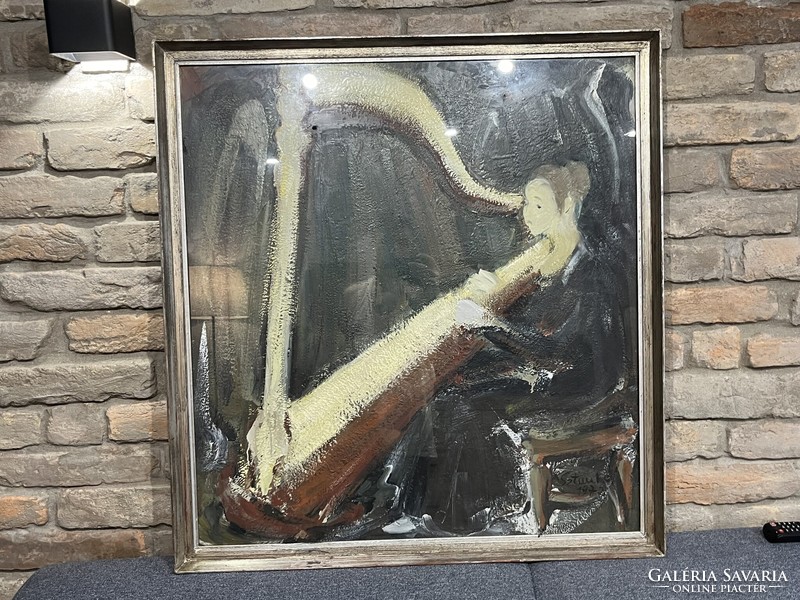 Judit Sztankó (1921- ? ) Female harpist oil