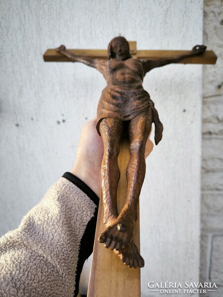 Wooden cross, crucifix, body of Jesus Christ statue, home-made, beautiful carving