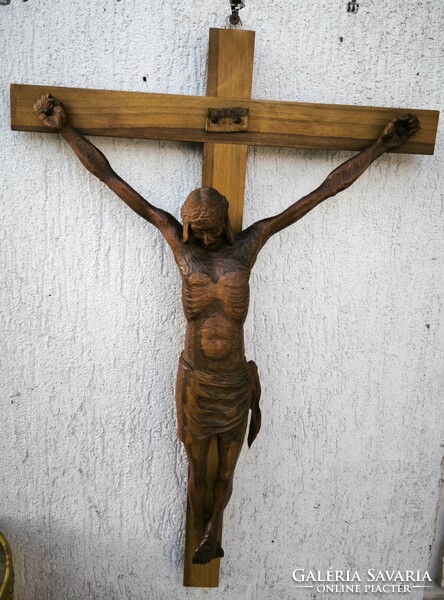 Wooden cross, crucifix, body of Jesus Christ statue, home-made, beautiful carving