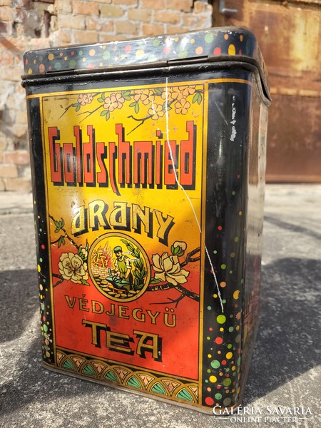 Gyönyörű nagyméretű antik teás pléh doboz