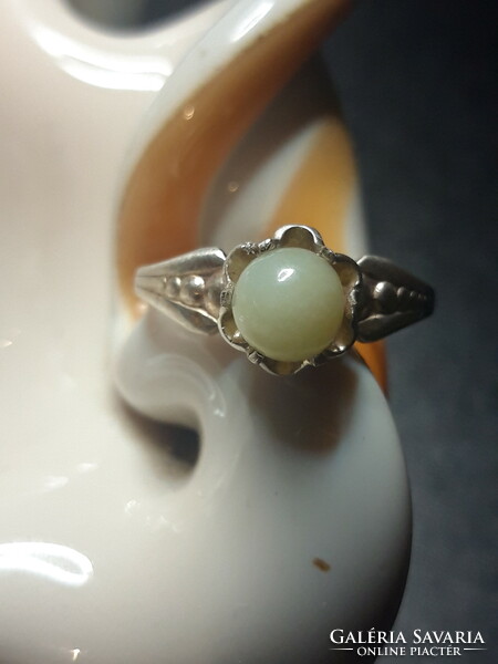 Old jade stone silver ring - size 54