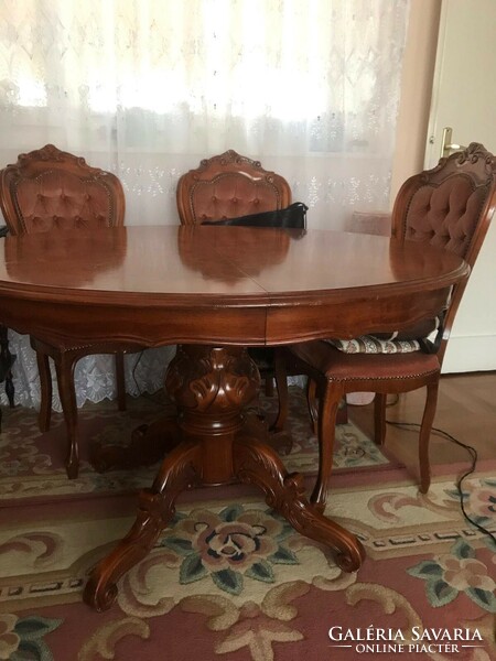 Italian inlaid oval, folding table with 6 chairs