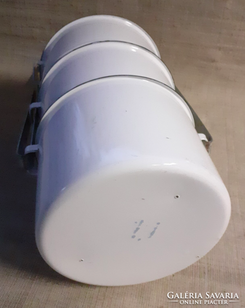 Old, well-preserved, white enameled 3-part food barrel, with food