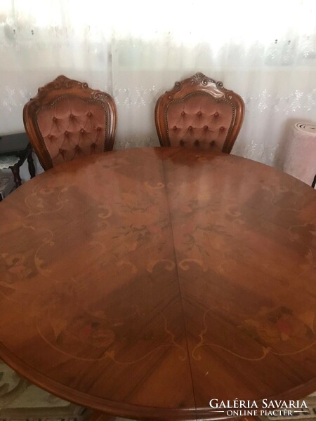 Italian inlaid oval, folding table with 6 chairs