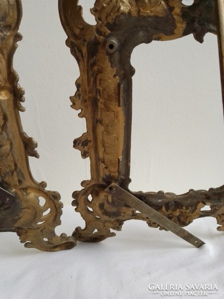 Two antique old cast iron table decorative picture frames with a pair of supports, angelic and complete