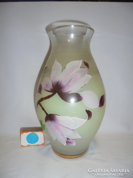 Old hand-painted bird / parrot? /, Floral glass vase