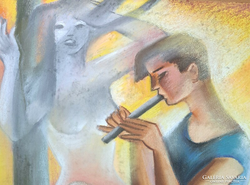 Art deco scene with nude, boy playing flute (pastel) Székely sign