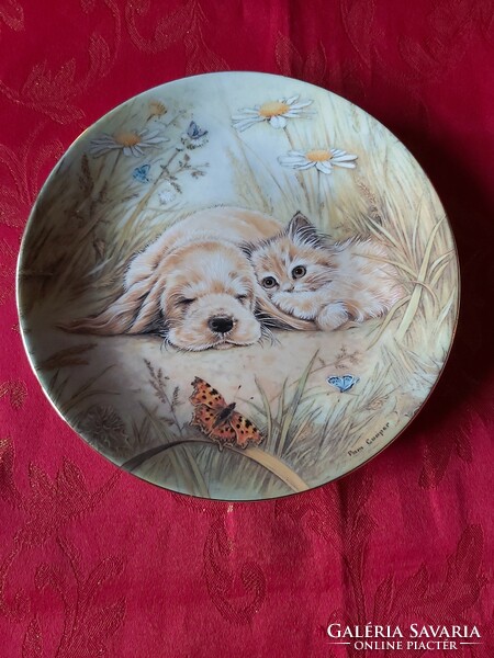 English wall porcelain decorative plate with cute little animals - in display case
