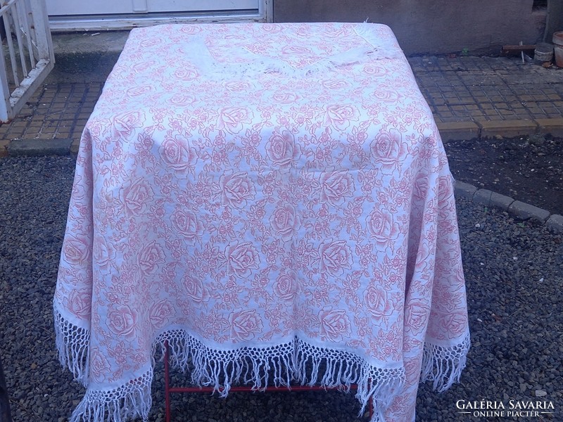 Antique Art Nouveau tablecloth + 6 textile napkins with jacquard pattern (148 x 148 cm)