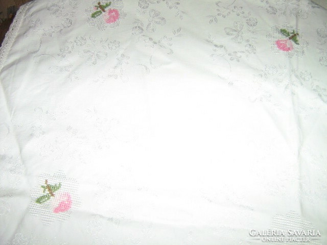 Beautiful rosy embroidered damask tablecloth