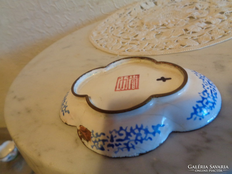 Hand-painted, marked, Japanese enameled bowl, on a red copper plate base, approx. 200 years old