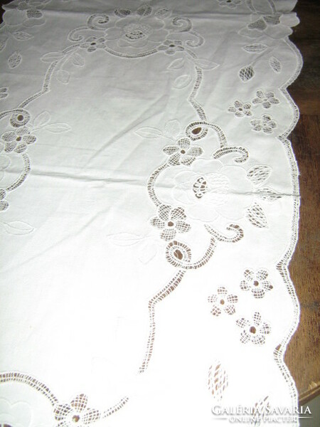 Beautiful snow-white sewn madeira lace tablecloth