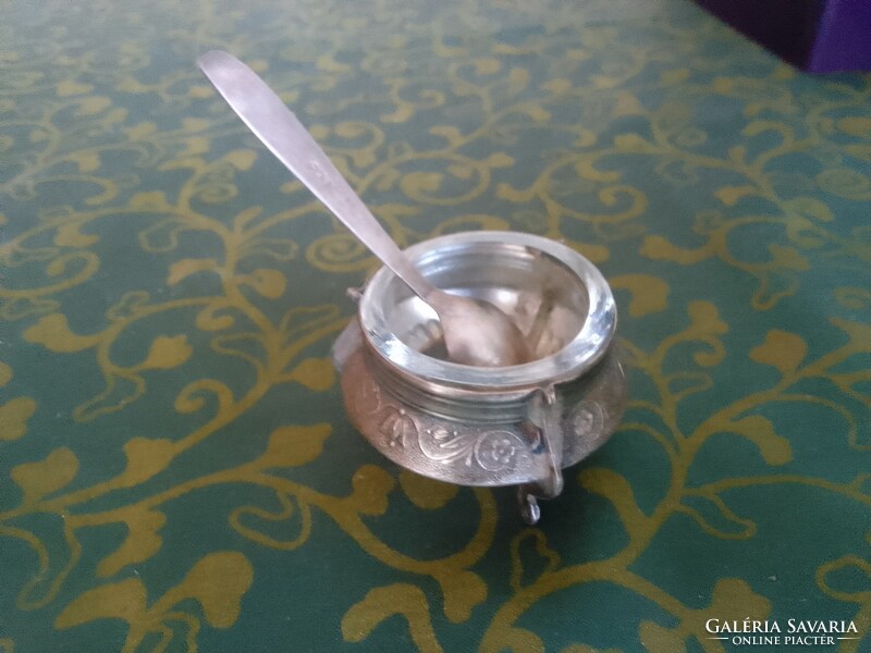 Patinated silver-plated spice holder with glass insert, small silver-plated tray and silver-plated small spoon