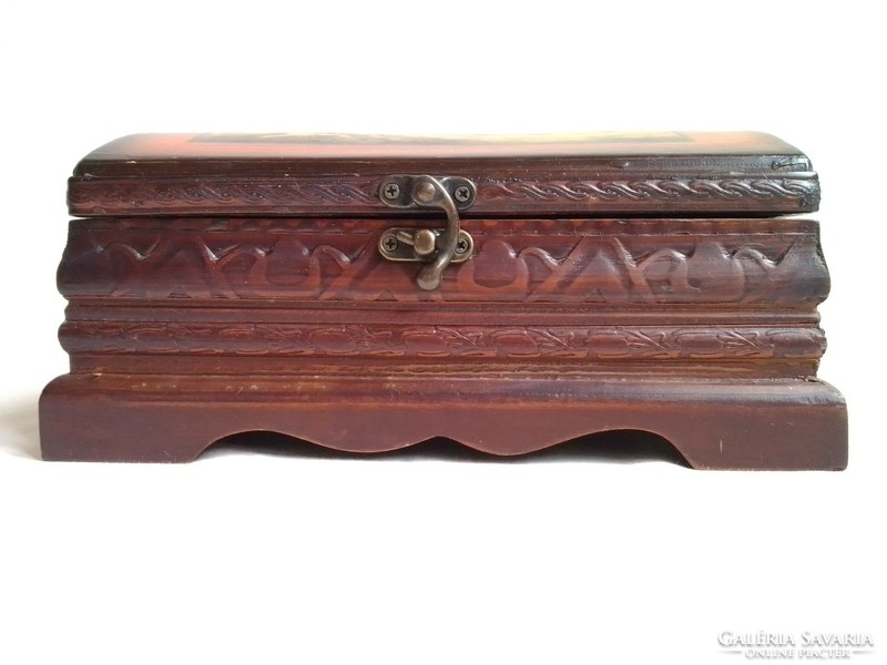 Embossed sided wooden treasure chest box storage gift box with putto scene lid 24x18.5x11 cm