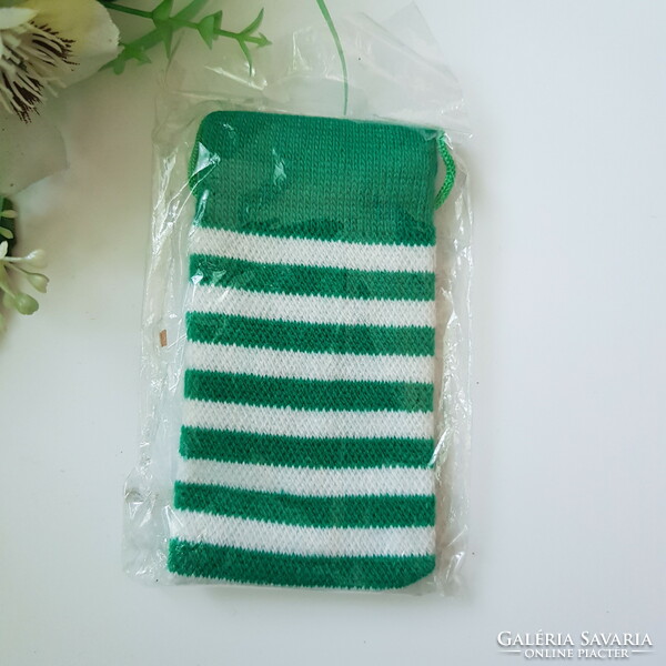 New, green and white striped, retro textile phone case with a cord that can be hung around the neck