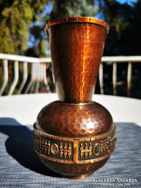 Red copper applied art vase, Lajos Muharos