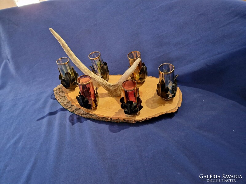 Old antler-decorated hunting cognac set with 6 glasses