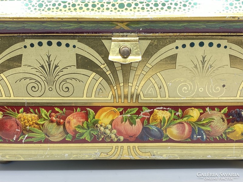 Ritka 1910 körüli Szecessziós stílusú cukrozott gyümölcsös fémdoboz