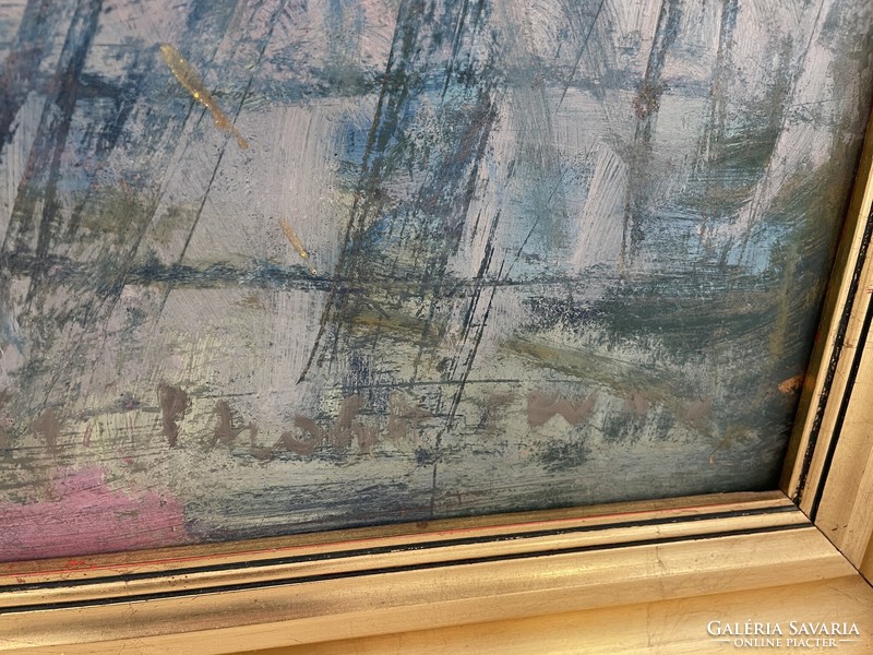 Balogh Ervin Balaton vitorlások tó part tájkép festmény képcsarnok modern szocreál kép
