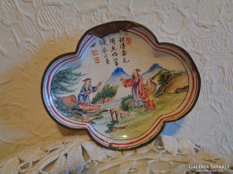 Hand-painted, marked, Japanese enameled bowl, on a red copper plate base, approx. 200 years old