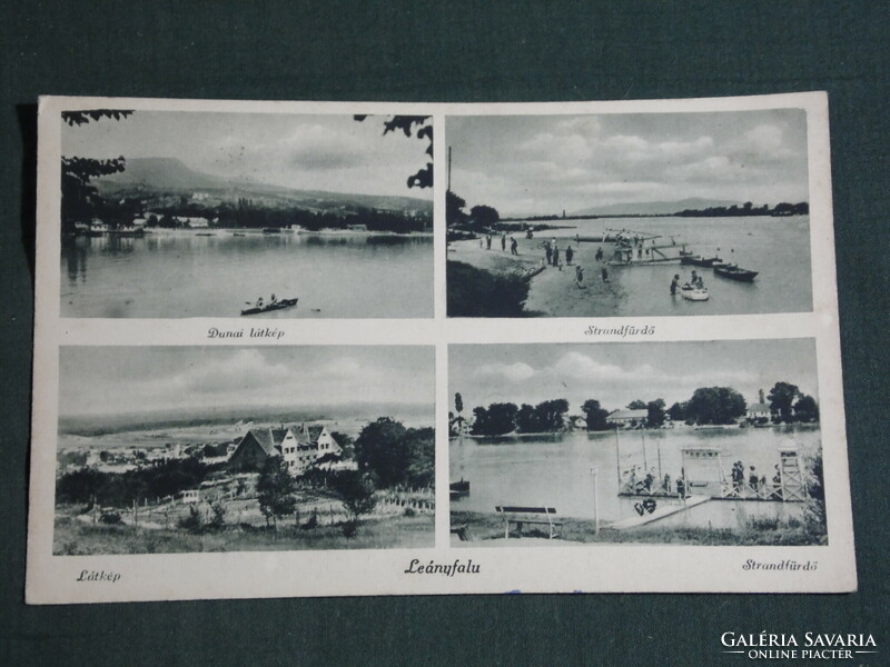 Képeslap, Leányfalu, mozaik részletek, Duna látkép, strand, 1943