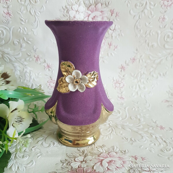 New, golden, 3D flower decorated, purple velvet covered ceramic vase