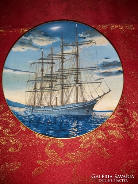 Beautiful English porcelain decorative plate with ship in display case