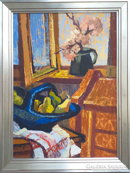 János Mustó (1934 - 2012): flowers and fruit in the window