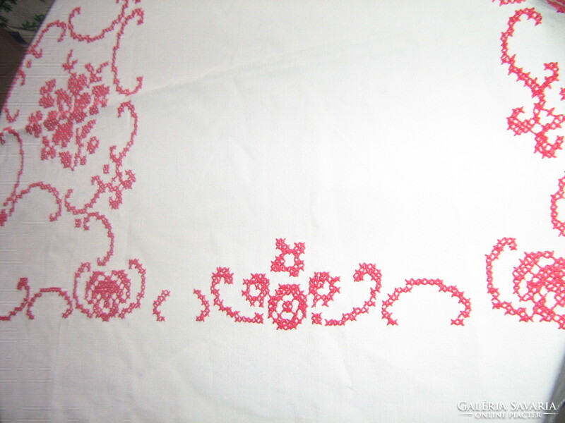 Beautiful antique hand-embroidered cross-stitch baroque rose pattern woven linen tablecloth with lace edge