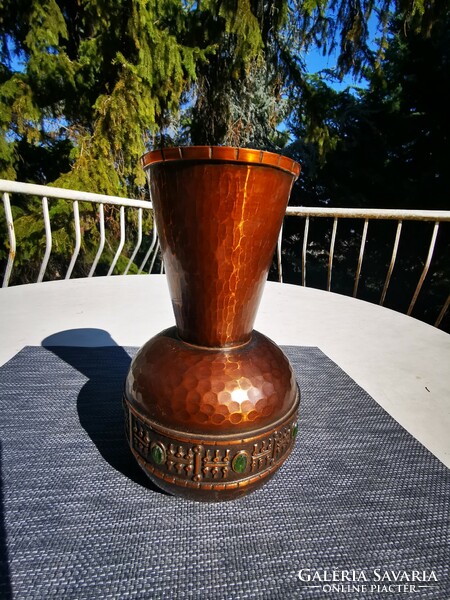 Red copper applied art vase, Lajos Muharos