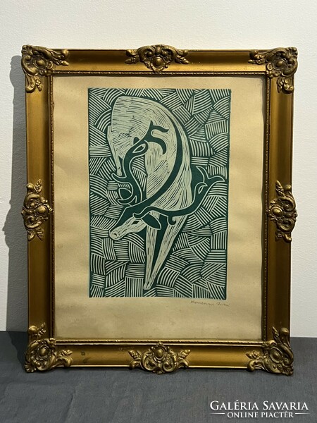 György Konecsni (1908-1970) resting deer - beautiful graphic in antique frame /invoice provided/