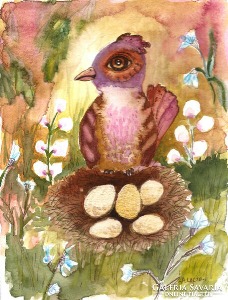 Aranytojás - contemporary painter/graphic artist agnes laczó, original watercolor painting on paper bird
