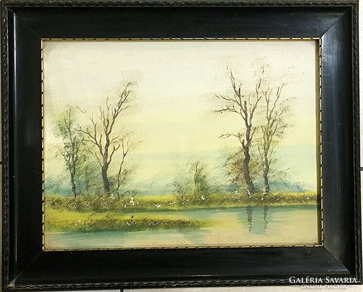 Waterside trees, tempera painting frame included in the price