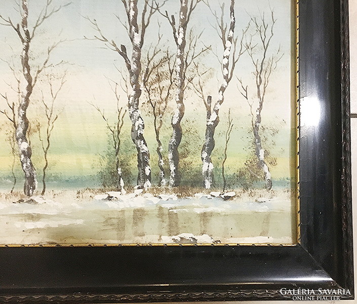 Waterside trees in winter, tempera painting frame price