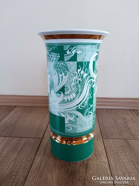 Ritka zöld Hollóházi Szász Endre porcelán nagy váza