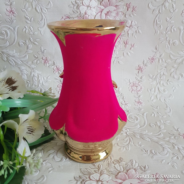 New, golden, 3D flower decorated, pink velvet covered ceramic vase