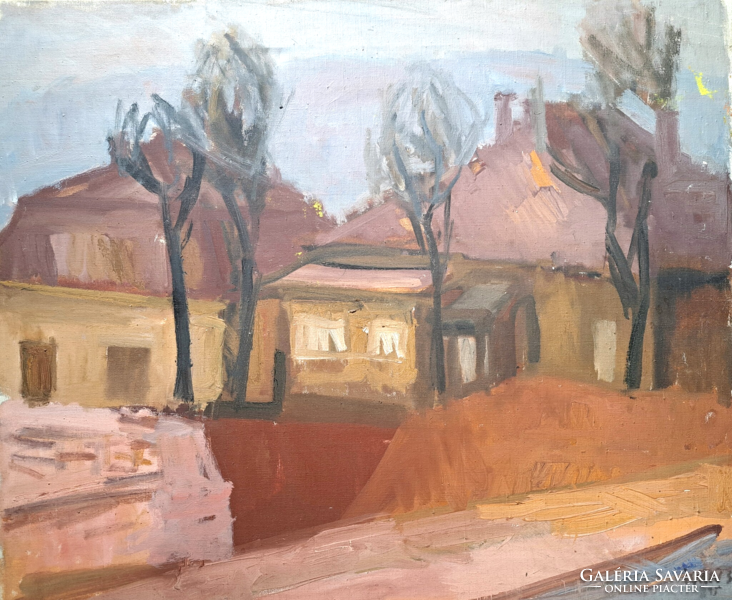 Iván Szilárd (1912-1988): Utcarészlet (olajfestmény vászonra) - utcakép, házak