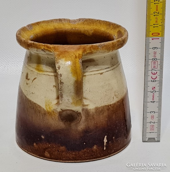 Folk pot-shaped ceramic mug with white glaze spots and dark brown glaze (2973)
