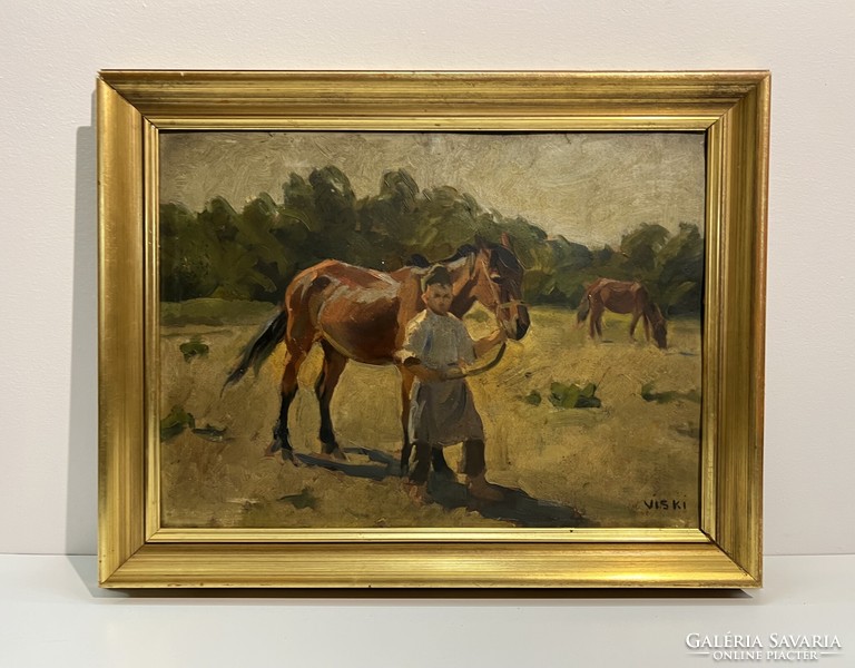 János Viski (1891-1987) horse walking - beautifully painted picture of rural life /invoice provided/