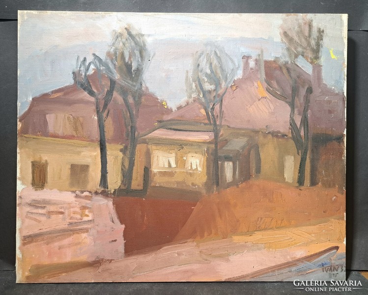 Iván Szilárd (1912-1988): Utcarészlet (olajfestmény vászonra) - utcakép, házak