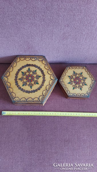 Burnt wooden decorative boxes 2 identical decorations in one