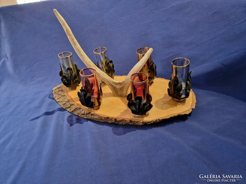 Old antler-decorated hunting cognac set with 6 glasses