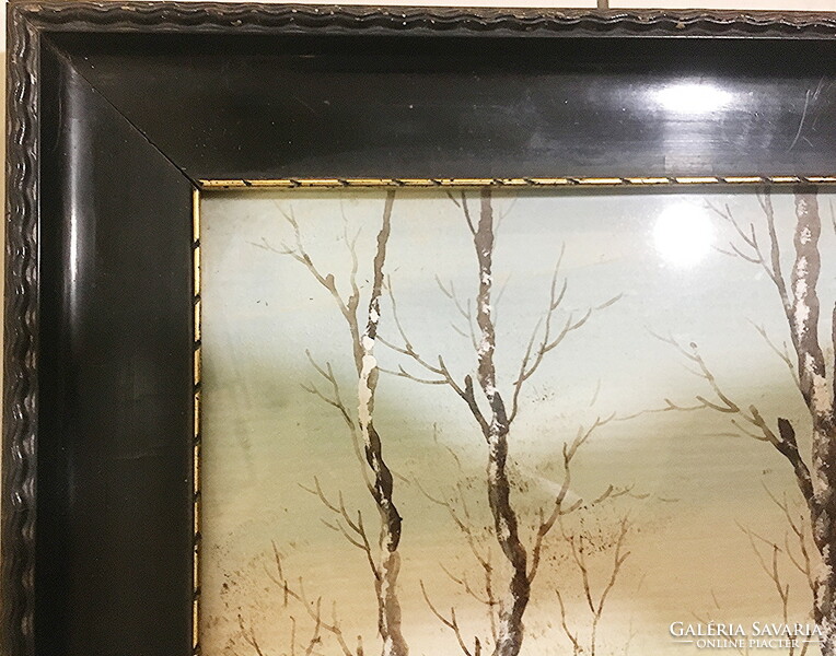 Waterside trees in winter, tempera painting frame price