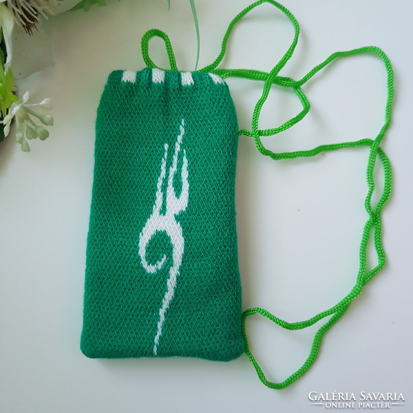 New, green, retro textile phone case with a cord that can be hung around the neck