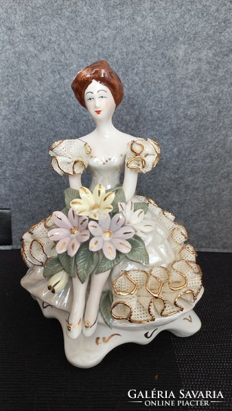 Alba iulia-coral handmade porcelain female figure in a lace-ruffled dress with flowers, marked, numbered