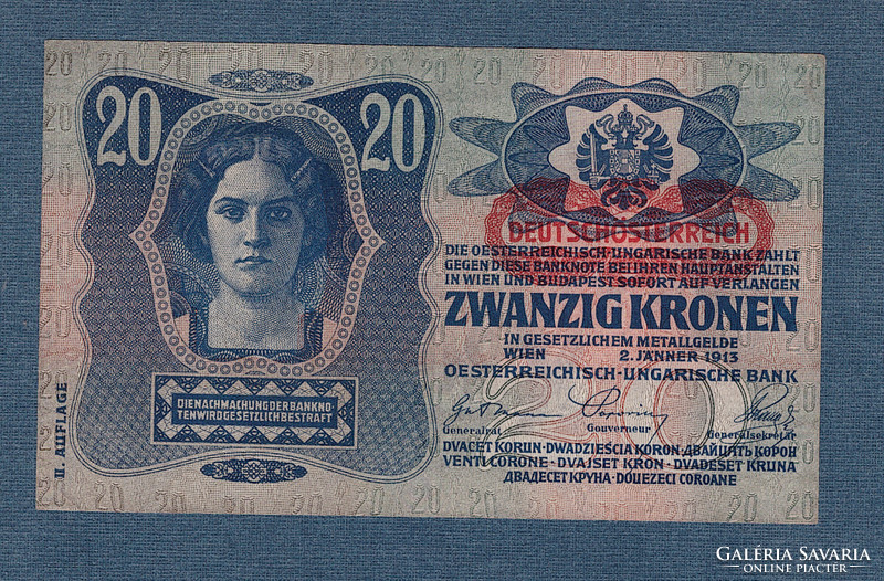 20 Korona 1913 II. kiadás Deutschösterreich bélyegzés    UNC