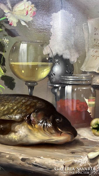 József Fürst signed, framed oil still life with fish on canvas support in a frame