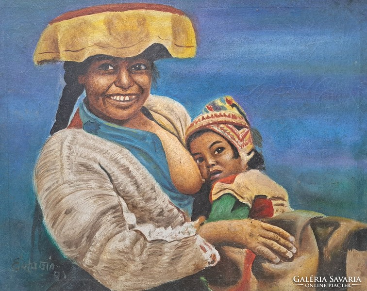 Anyaság - színesbőrű nő gyermekével (olaj, vászon) szignózott - Eulogia jelzés